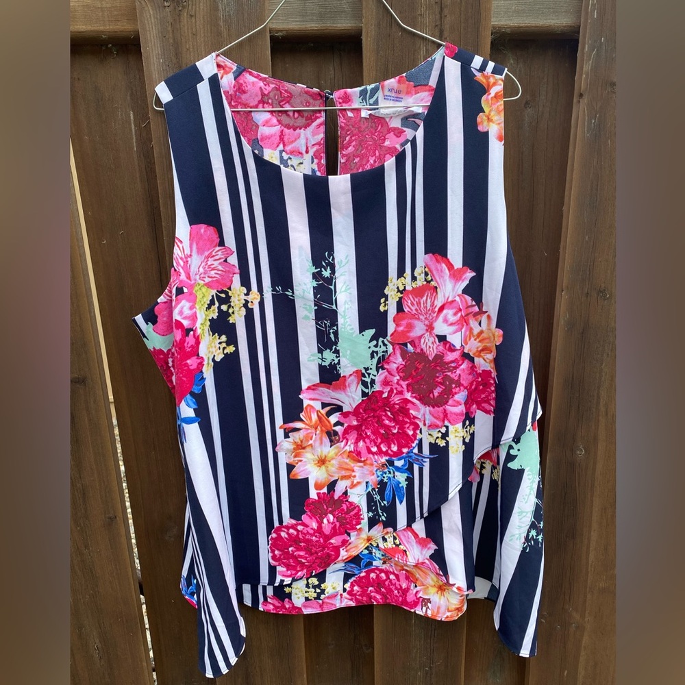 Peter Nygard Floral Striped Sleeveless Top - Pink, Blue, White